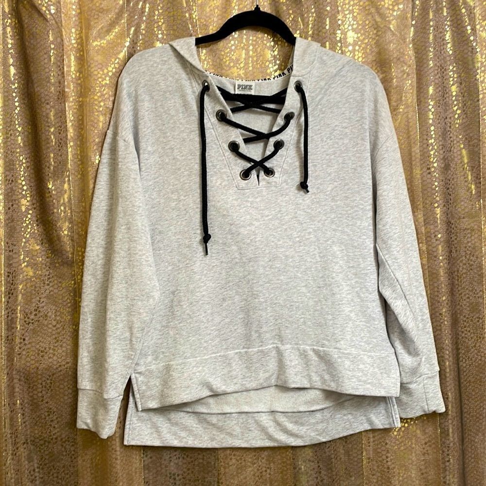 PINK Victoria’s Secret gray/black lace up tunic hoodie, size XS